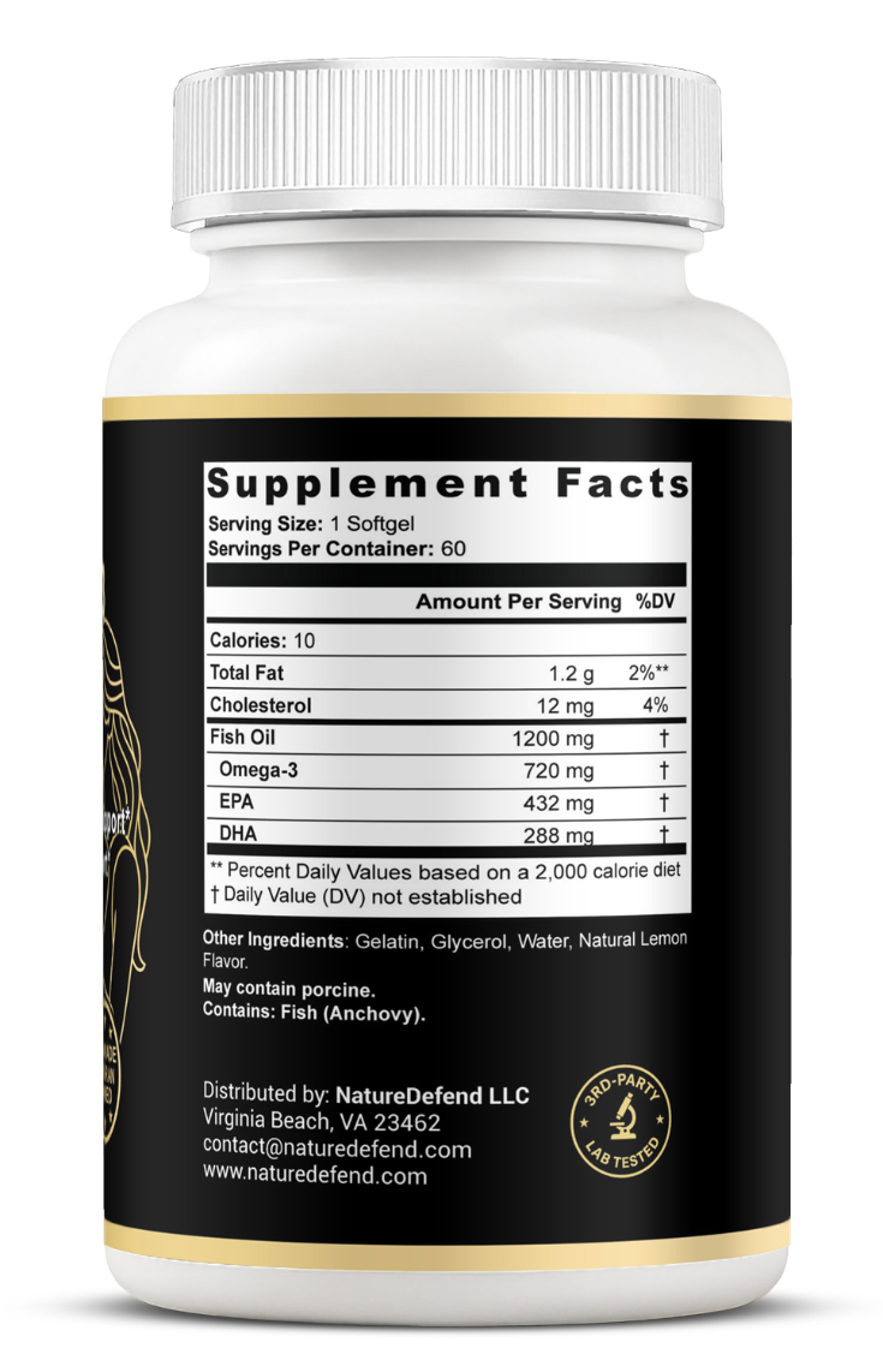 NatureDefend Omega-3 Fish Oil Softgels, EPA & DHA, Lemon, Heart & Brain Support, 60 Count, Veteran-Owned, USA Made