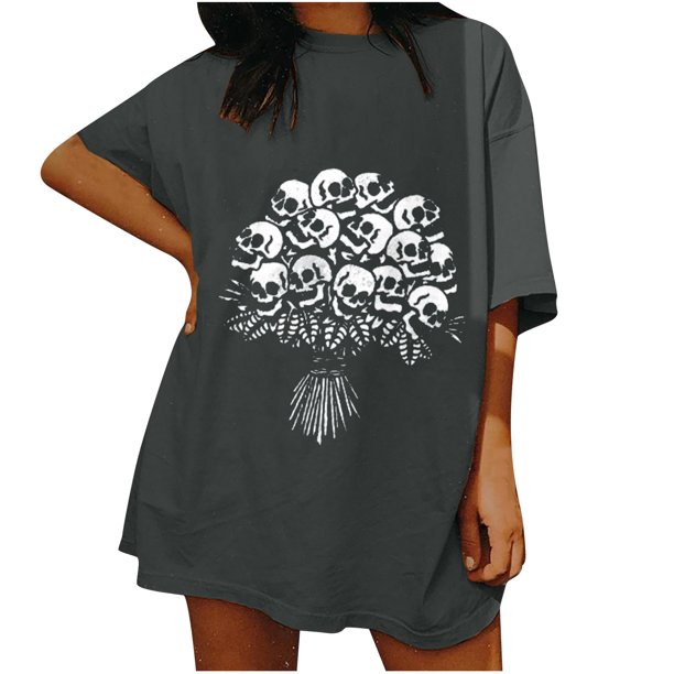 Top de manga corta suelto con estampado de calavera Retro desgastado y hombros caídos para mujer Pompotops hfajkhk125794