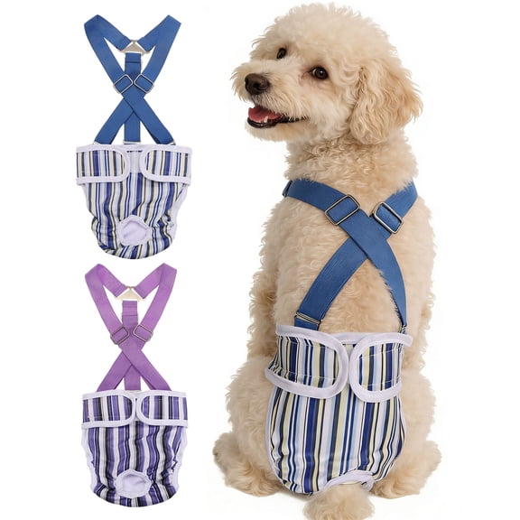 Washable Female Dog Diapers with Suspender, Reusable Dog Diapers Absorbent Leakproof(Striped Purple/Striped Blue S, 2Pcs), Intended for Female in Heat Cycle