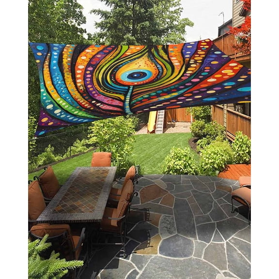 Colorful Peacock Waterproof Sun Shade Sail Boho Abstract Feathers Polka Dots Outdoor Patio Sun Shades Canopy UV Block Waterproof Sunshade for Garden Backyard Deck Pergola 14x18 Ft