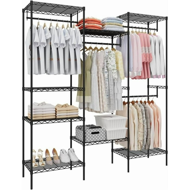 Historyli Organizador de ropa independiente de metal,resistente,con 8 estantes y 4 barras para colgar,ajustable,para armario,170 cm de largo x 43 cm de ancho x 194 cm de alto,color negro.