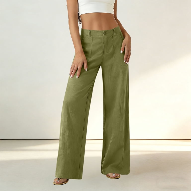 CFLVAEK Linen Pants Women Straight Leg Dress Pant Business Casual High Waisted Office Work Trousers with Pockets Green S