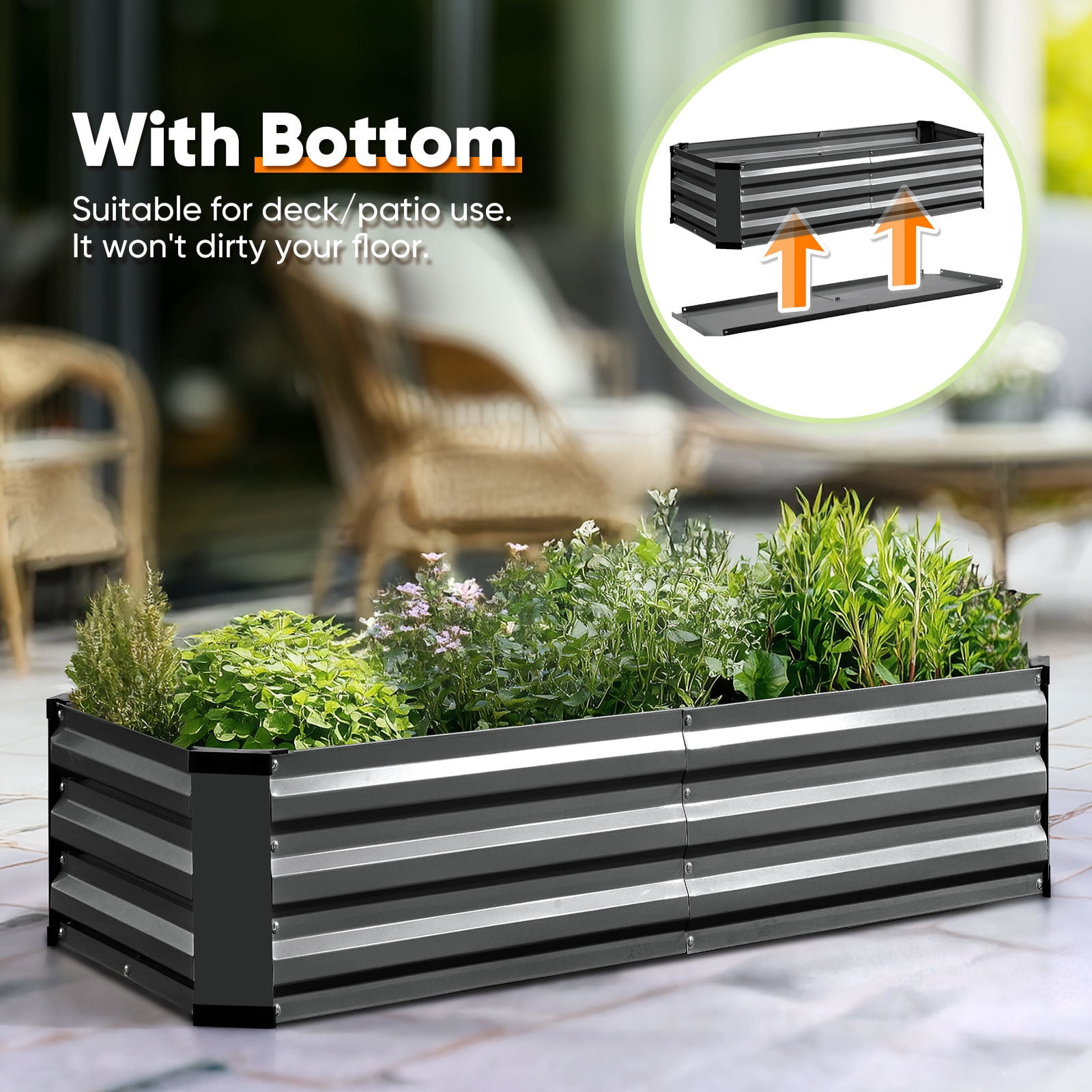 King Bird 4x2x1 ft Galvanized Metal Raised Garden Bed with Bottom Closed - Elevated Planter Box for Indoor, Outdoor, Patio & Balcony Gardening Dark Gray