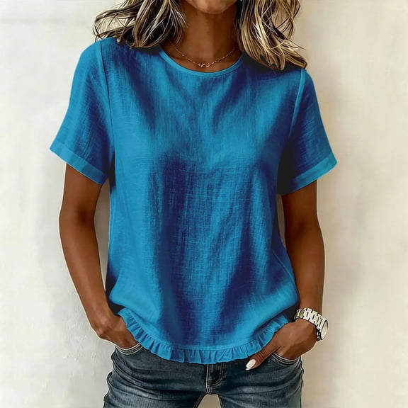 Qulqfy Short Sleeve Womens Blouses Crew Neck Casual Solid Cotton Linen Blue Spring Summer Tops for Women 2026 L