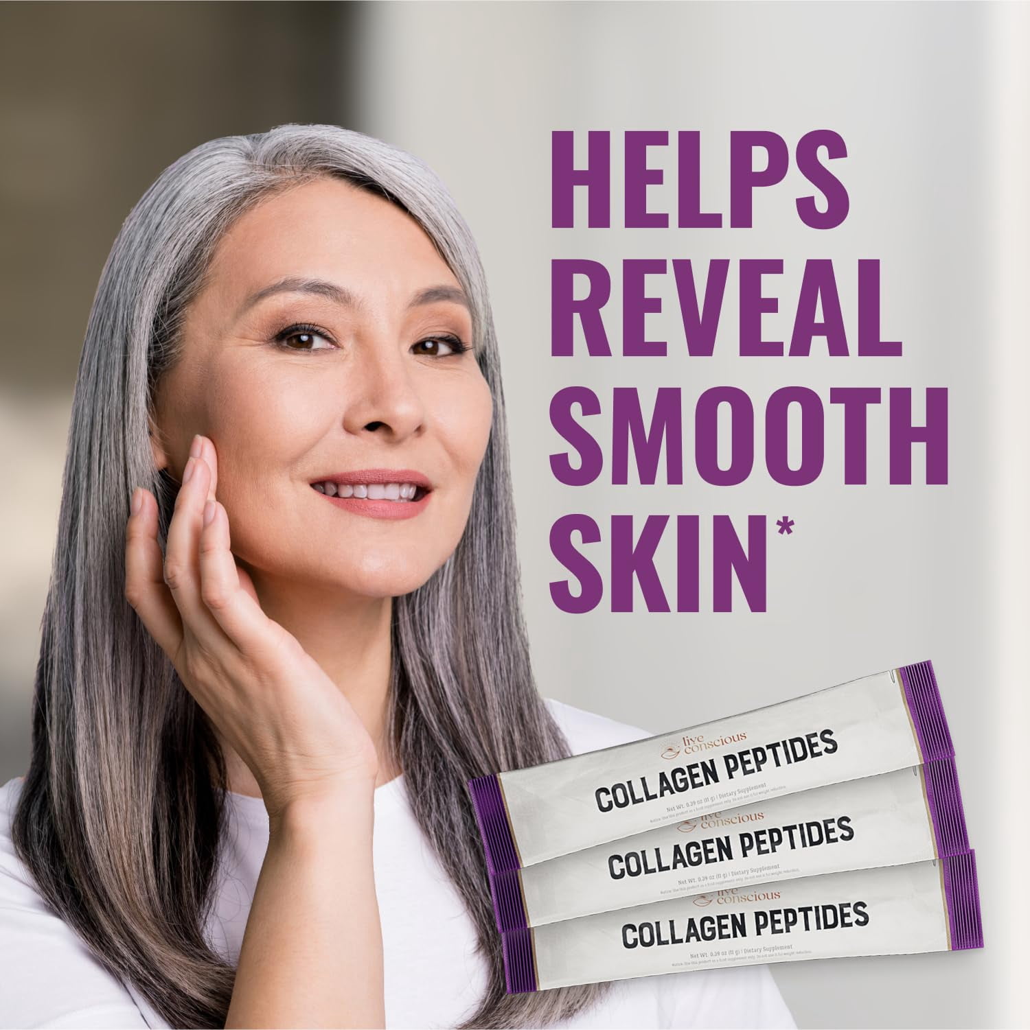 Live Conscious Collagen Peptides Packets with Biotin & Vitamin C - Grass-Fed, Hydrolyzed, Hair Skin Nail & Joint Support for Adults - 20 pack