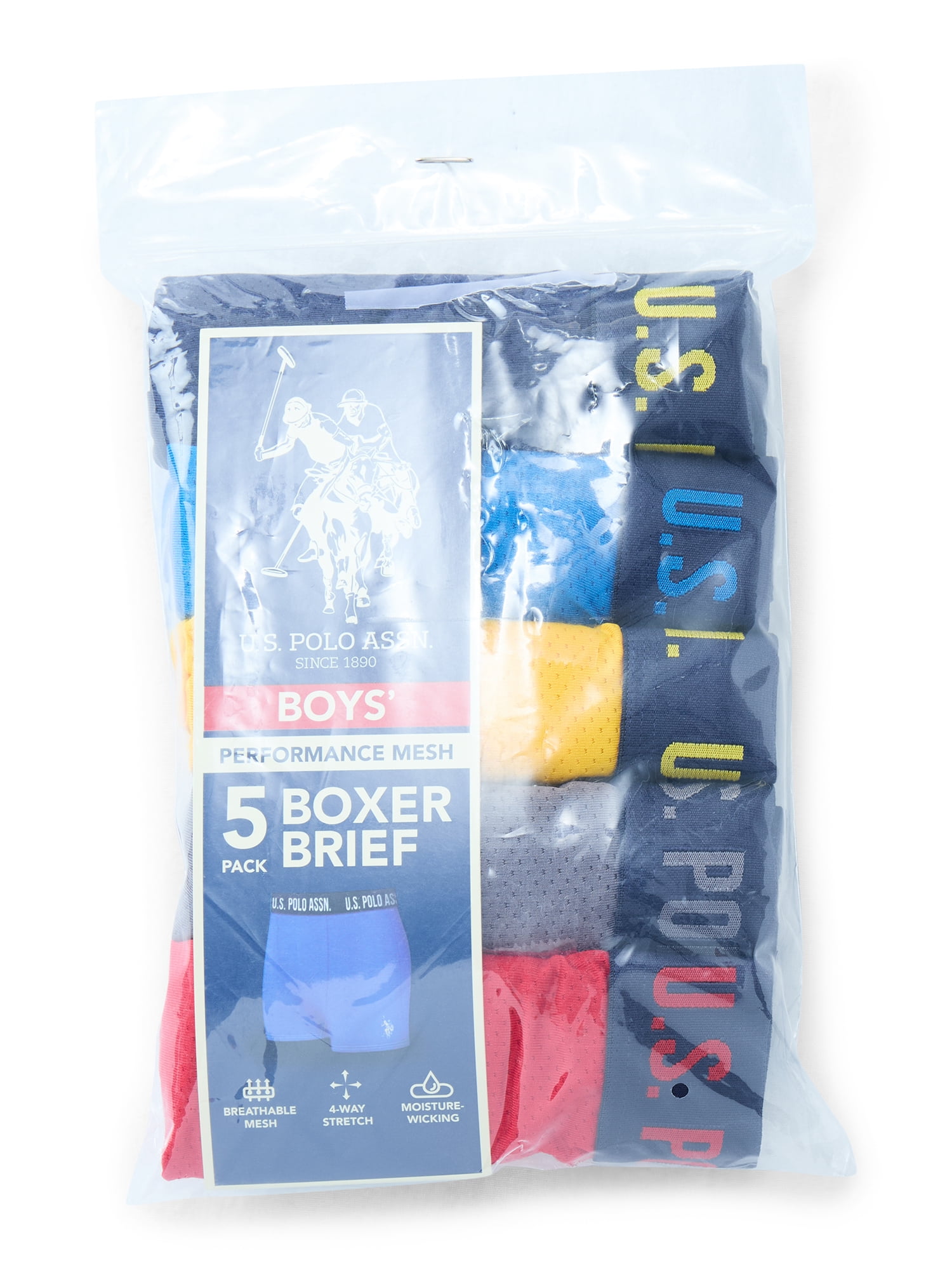 U.S. Polo Assn. Boys Performance Mesh Tagless Boxer Briefs, 5-Pack, Sizes S-XXL
