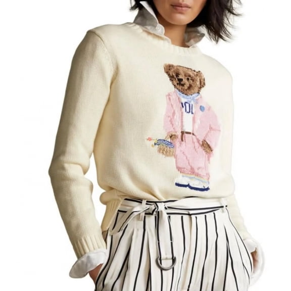 Pink cartoon bear embroidered knit sweater, round neck, long sleeves, cute style top for women.