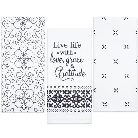Printed Tea Towel - Sticky Toffee Cotton Flour Sack Kitchen Towels, Live Life Gratitude Prints, 3 Pack, 28 in x 29 in