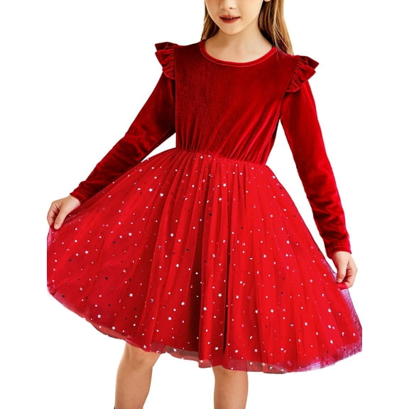 Oudiya Toddler Tutu Dresses Little Girls Long Sleeve Red Tulle Spring Winter Ruffle Party Velvet Dress 2-6Y