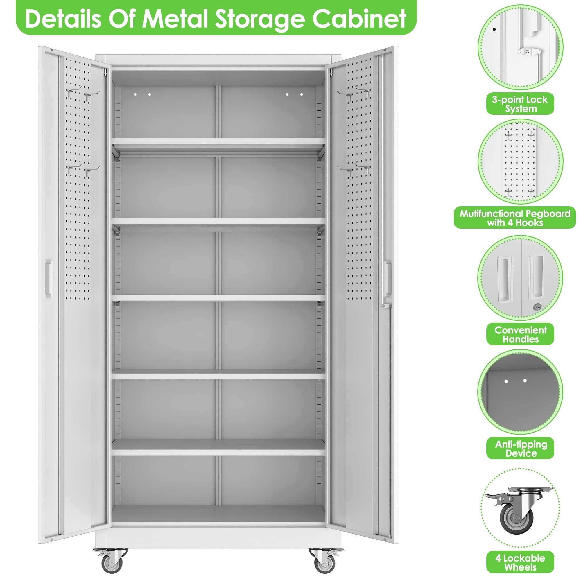 Aobabo Metal Storage Cabinet with Wheels & Pegboards,Office Storage Cabinet with Lock & Shelves,71H''*32''W*16''D Steel Garage Cabinet for Office Home,White Required-Assembly