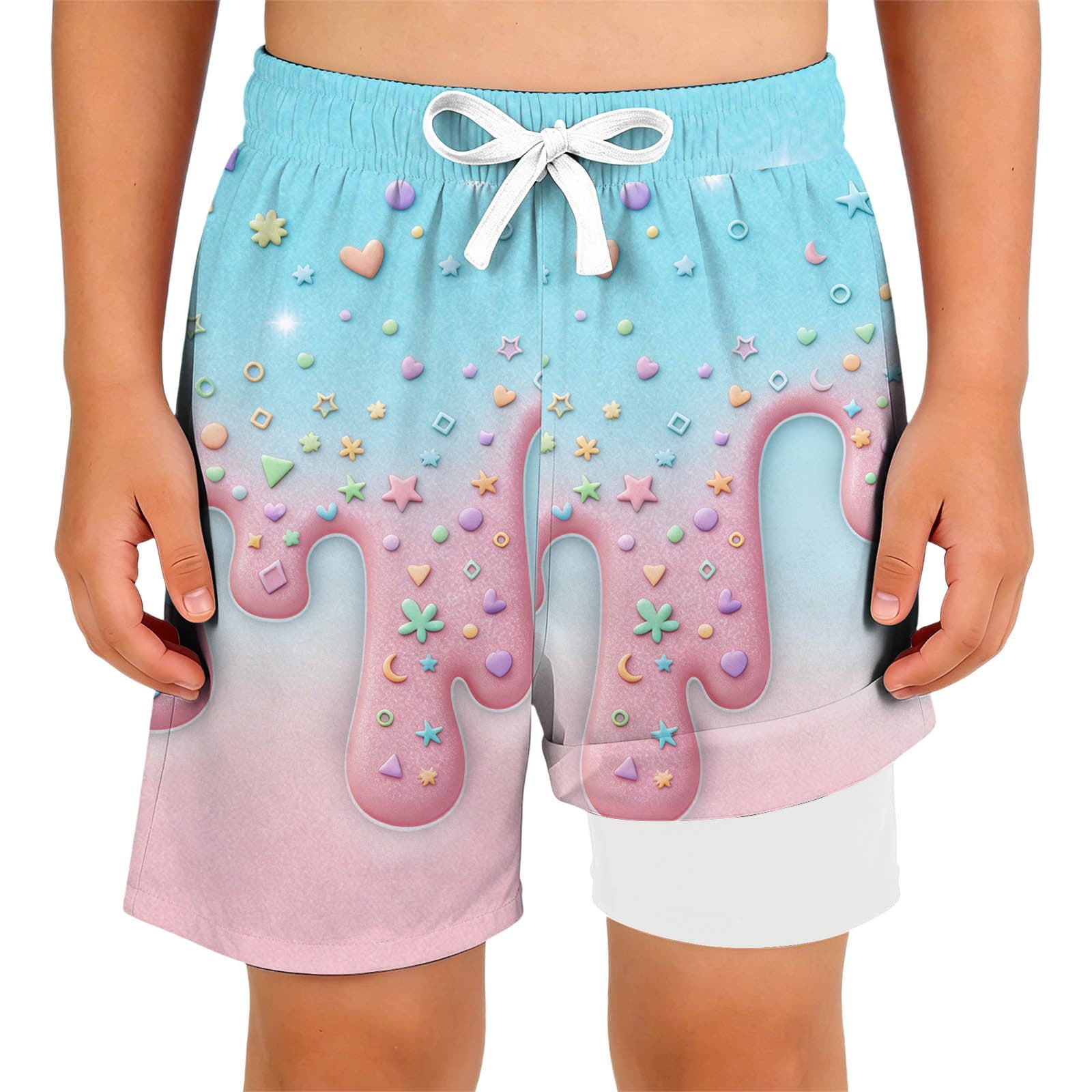 Boys Double Layer Swim Trunks with Mesh Cute Ice Print Beach Shorts for Kids Pool