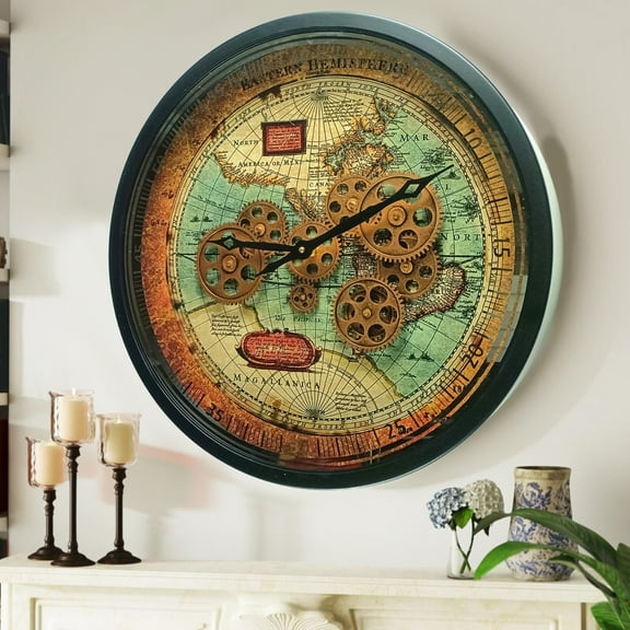 THE GEARS CLOCK Wall Clock with Real Moving Gears PO-LI_ 18 in Round BLACK-ANTIQUE