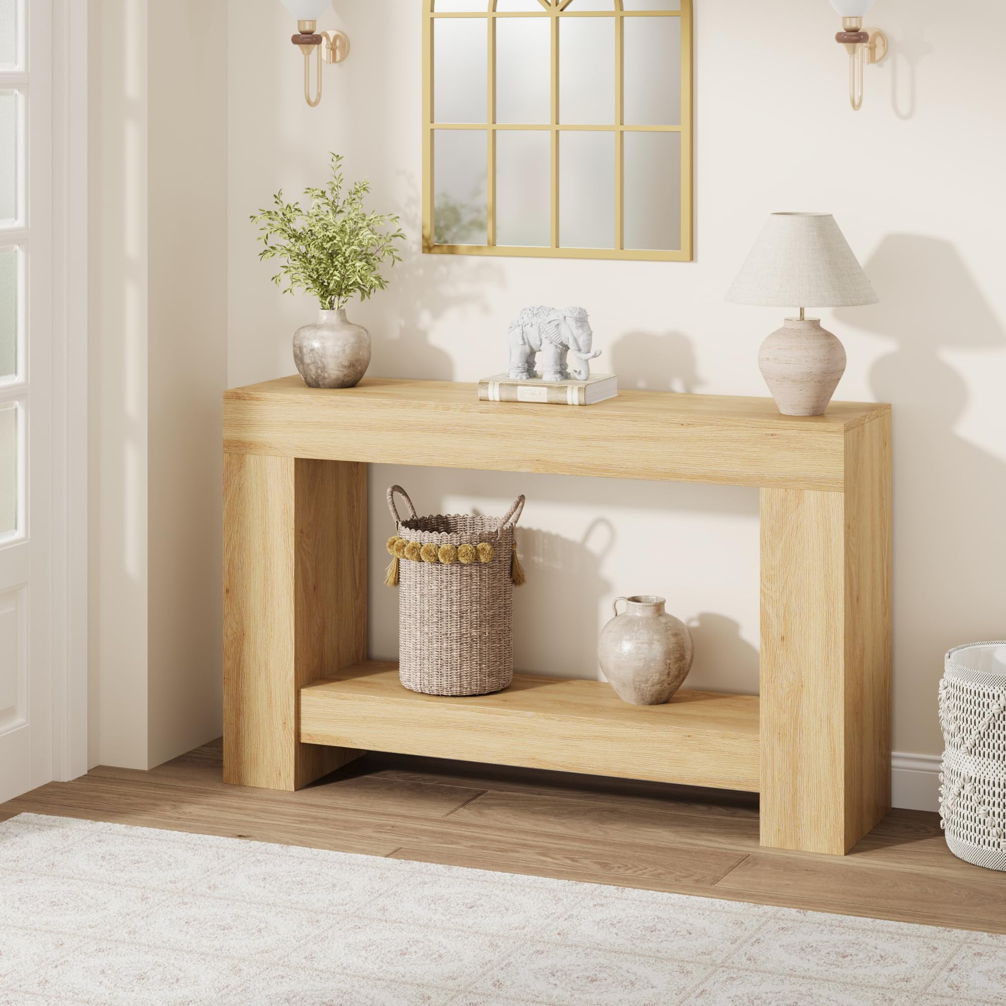 Farmhouse Console Table for Entryway – 2-Tier Wooden Sofa Table with Storage – Long Hallway Table – Durable Dining Room Accent –Wood Color 1.2 Meters