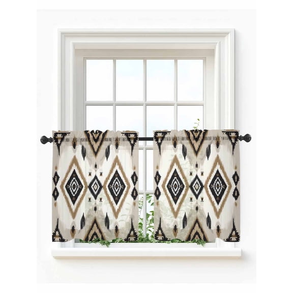 Boho Black Brown Tier Curtains 36 Inch Length,Sheer Curtains for Bedroom Living Room Window Geometric Southwestern Ethnic Retro Rod Pocket Drapes Kitchen Curtains Small Half Window 27.5"x36" 2 Panels