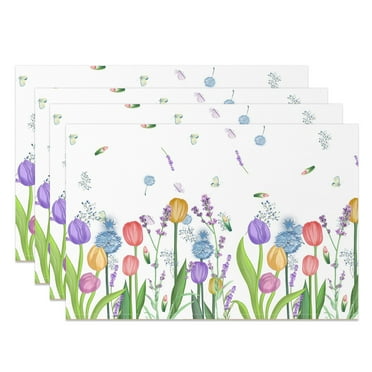 SUNOLIFE Spring Tulip Floral Placemats Flower Linen Fabric Table Mats Set of 4 for Dining Table Decorations 12x18 inch