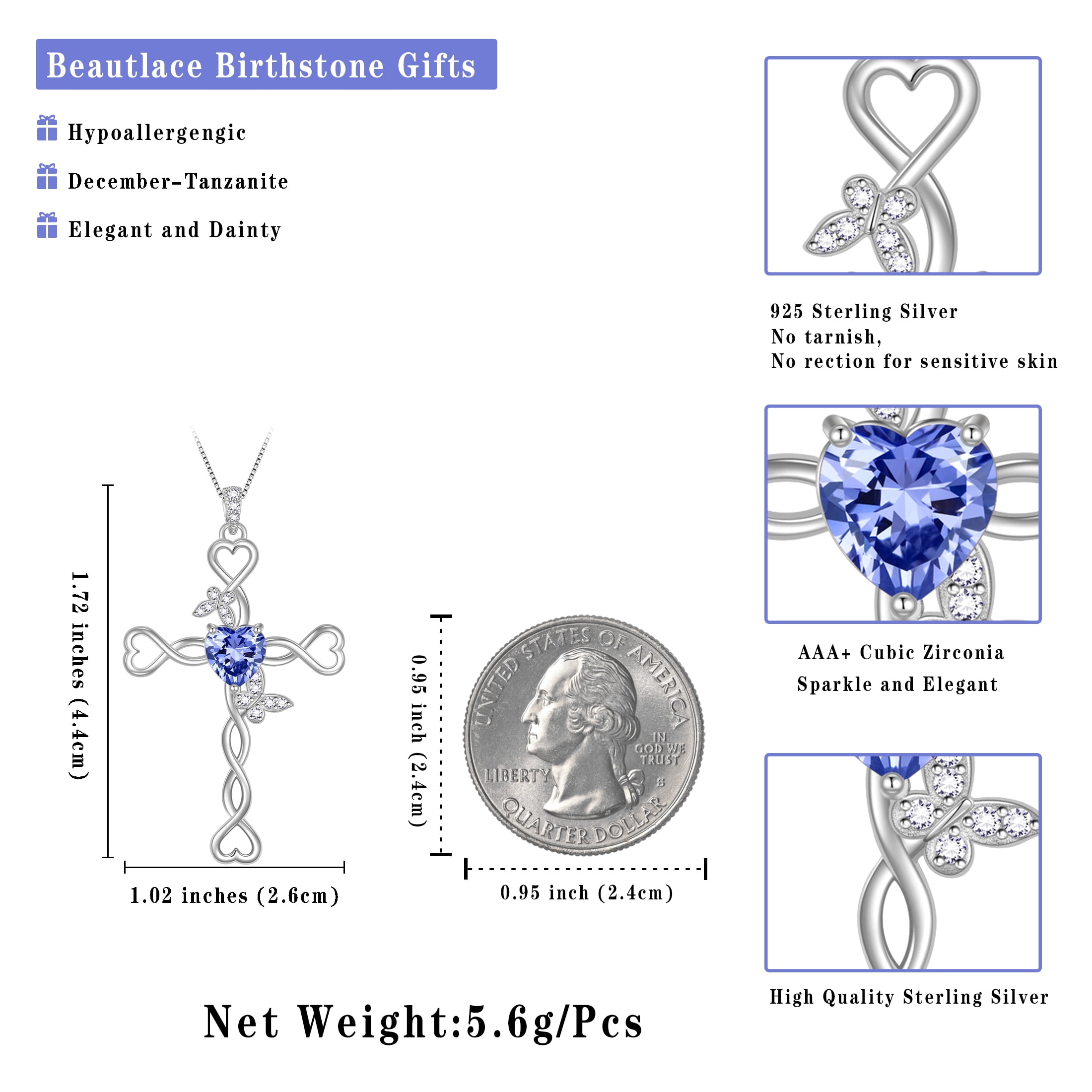 Beautlace 925 Sterling Silver Cross December Tanzanite Heart Birthstone Necklace,Butterfly Pendant Necklace Jewelry Birthday Christmas Gifts for Women/ Wife /Lover