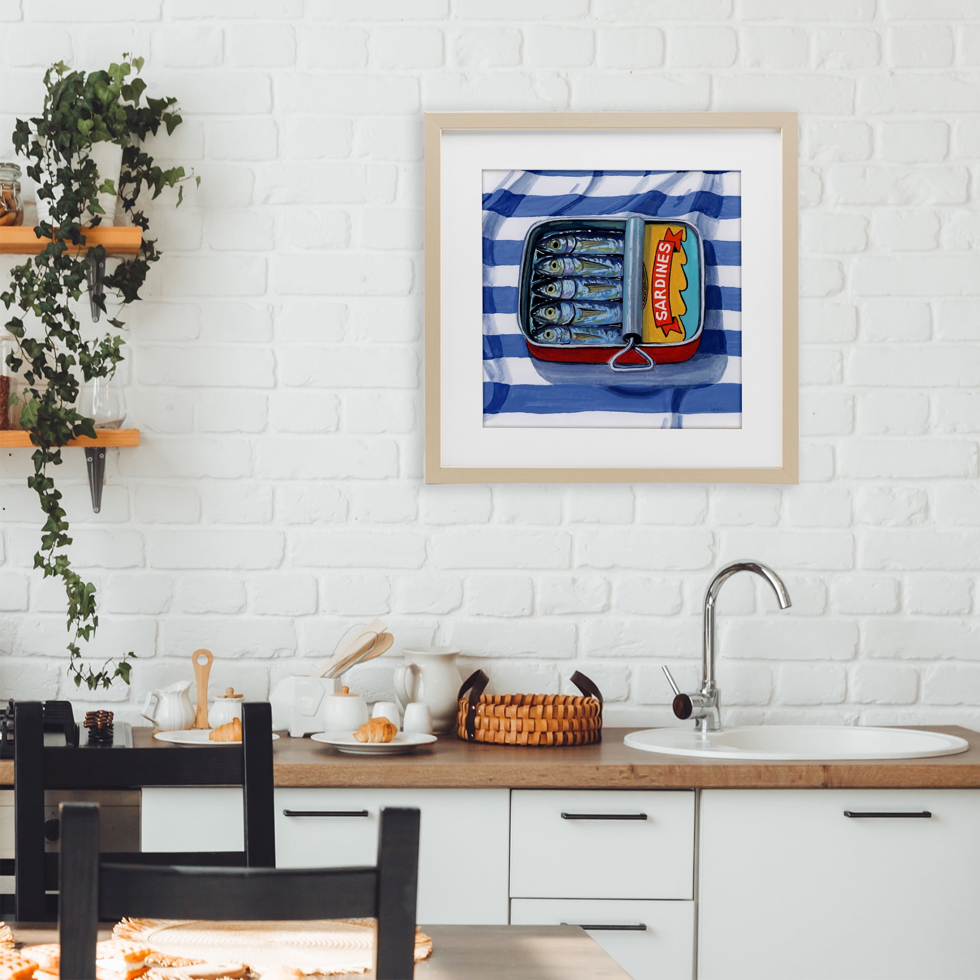 Stupell Industries Sardines On Striped Cloth Birch Framed Print Under Glass, design by Kate Jarvik Birch
