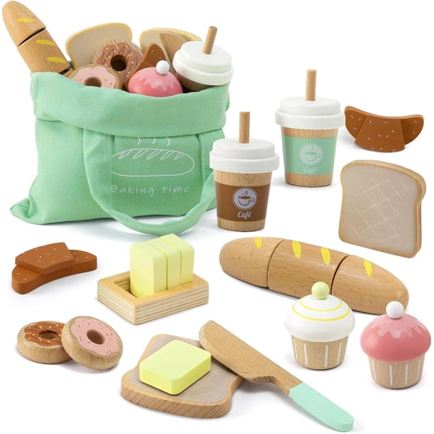 Juego de 17 piezas de juguete de panadería de madera para niños, juego de comida para niños pequeños de 3+, accesorios de cocina con bolsa de compras, juguetes de comida para cortar, regalo para niños