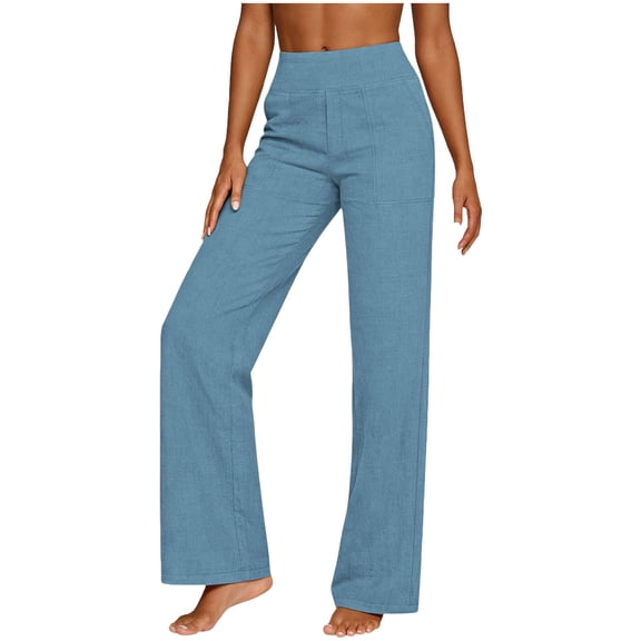 cocolona Womens Summer Casual High Waist Linen Pants Elastic Waist Straight Wide Leg Lounge Vacation Trousers with Pocket