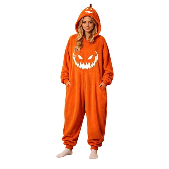 LILIYA Hooded Halloween Jumpsuit, Plush Adult Onesie, Unisex Loungewear for Couples Party, Long Sleeve Bodysuit with Front Pockets, Warm Cozy One-Piece Pajamas