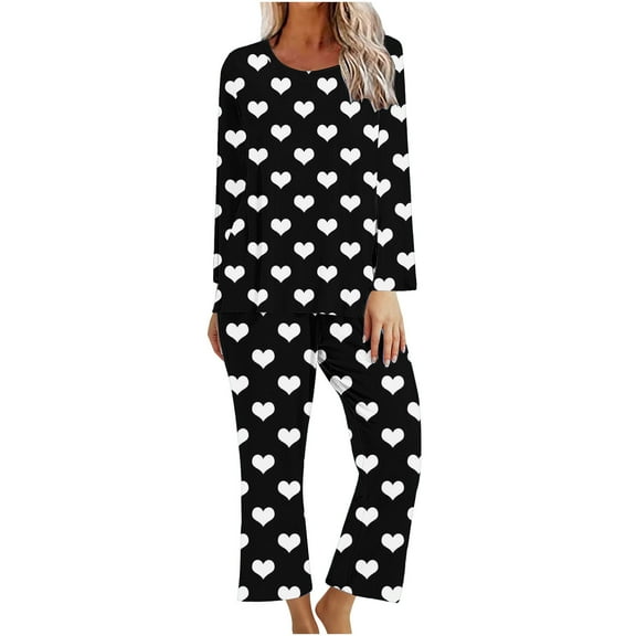 Alkepwun Valentine’s Heart Print 2 Piece Loungewear Set Long Sleeve No Button Up Top and Pants Cute Pj Sleepwear Nightwear