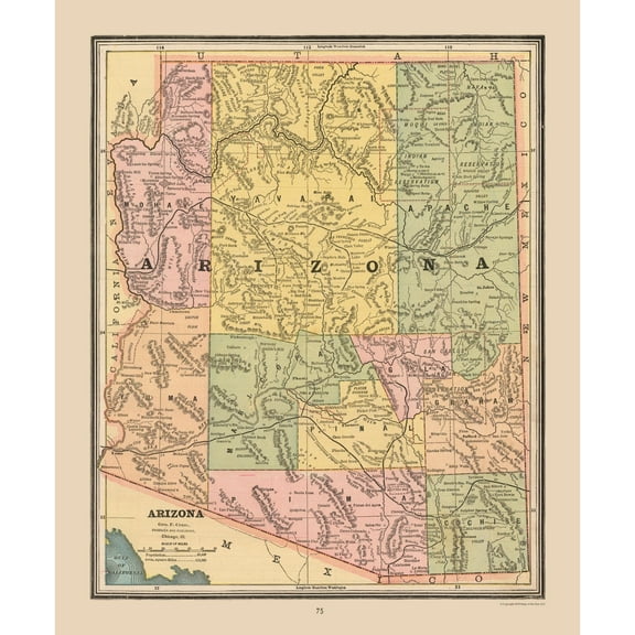 Historic State Map - Arizona - Cram 1888 - Vintage Wall Art