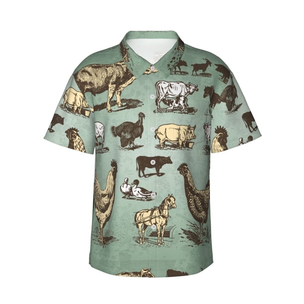 Fotbe Vintage Farm Animals Camisa Hawaiana para Hombre Unisex – Camisa Casual de Verano con Botones de Manga Corta de Algodón y Lino,Medium