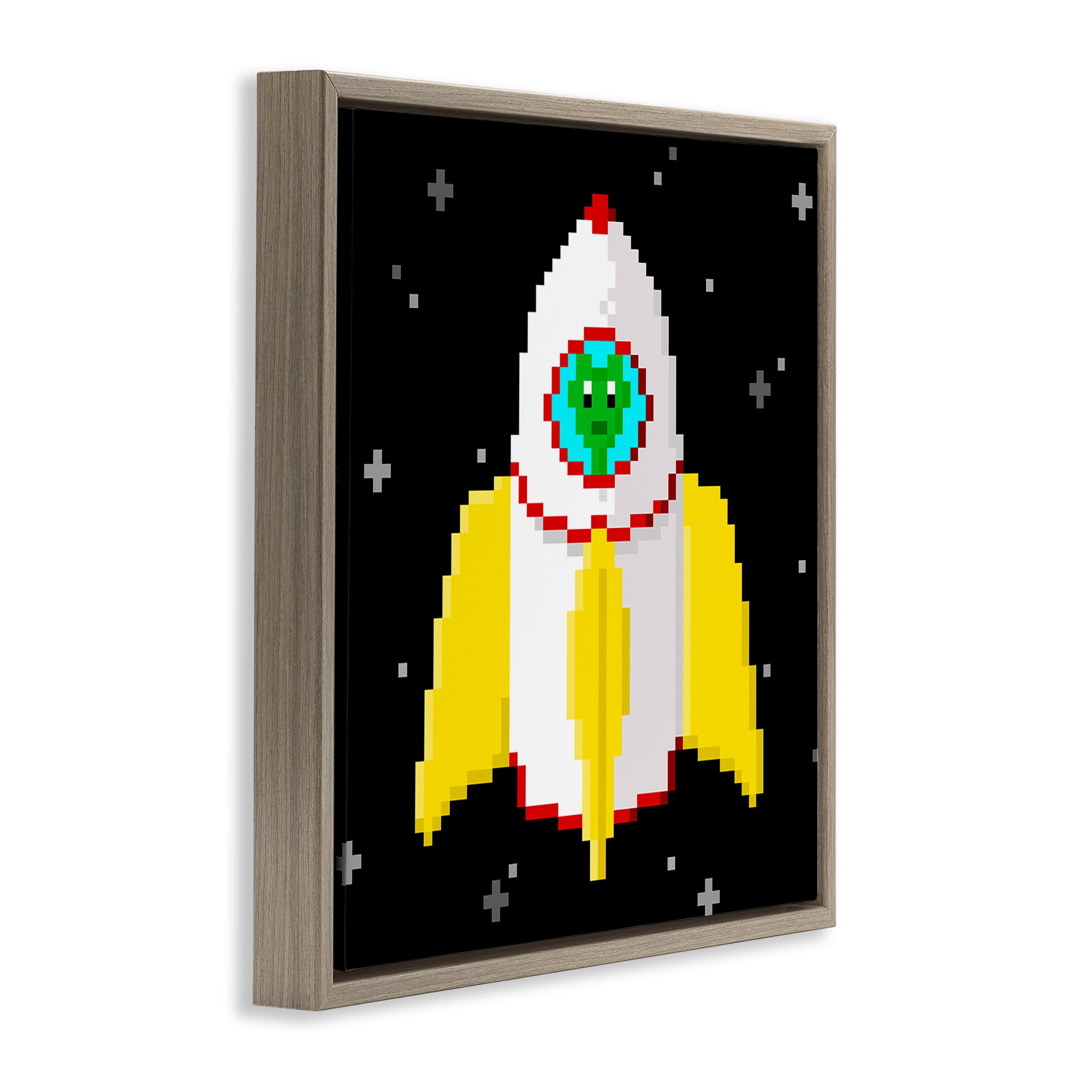 Stupell Industries Pixel Alien in Space Novelty & Humor Painting Brown Floater Framed Canvas Art Print Wall Art, 25 x 25