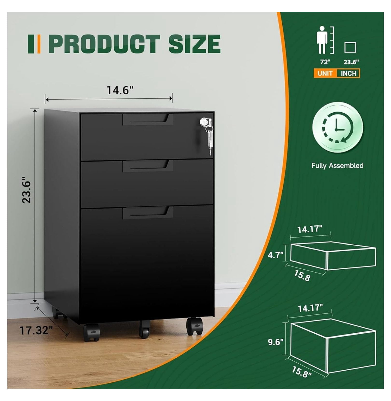 WDZS 3 Drawer Mobile File Cabinet with Lock,Under Desk Metal Small Filing Cabinets for Home Office Organizer Letters/Legal/A4(Fully Assembled Except Wheels-Black)
