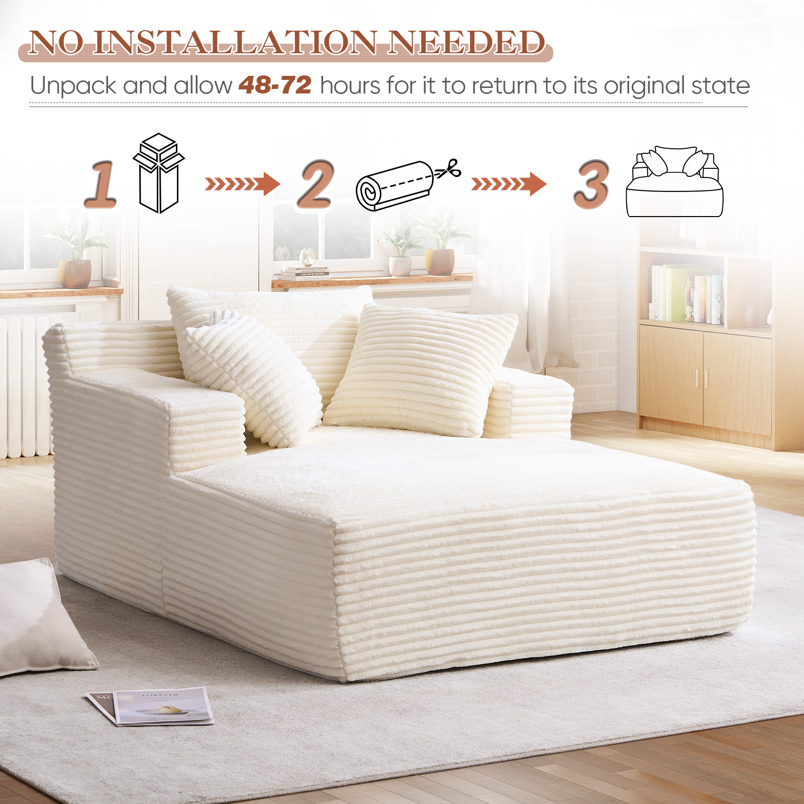 Lunale Chaise Lounge Indoor, Oversized Upholstered Lounge Chair, Plush Sleeper Sofa Bed, No Assembly Required, Beige Corduroy