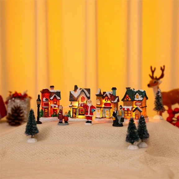 10Pcs Christmas Village Illuminated Village Collection Christmas Winter Village Animated Christmas Scene With LED Lights Presents for Child Village People Village Figures Village Set Village Trees