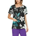 thumbnail image 4 of Black Scrubs Women,Floral Printed Scrub Tops - Cheerful Floral Patterns Short Sleeve Medical Blouse - Blue - L, 4 of 5