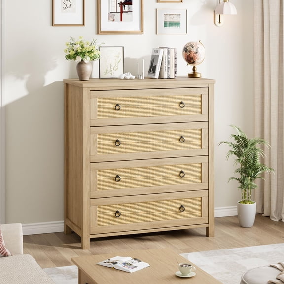 Natural Oak Dresser for Bedroom Rattan Chest of Dressers 37 in Tall Dresser for Closet with 4 Rattan Drawers Boho Nightstand Large Clothes Storage Cabinet for Bedroom, Nursery, Living Room