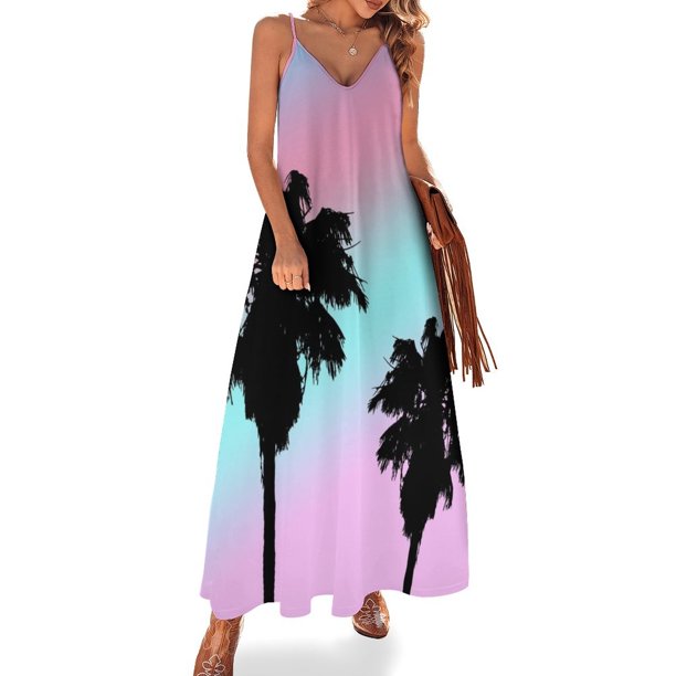Vestido sin mangas con palmeras al atardecer en colores pastel, vestido para mujer, vestidos de verano para mujer , vestido para niñas