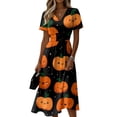 thumbnail image 2 of Women's Halloween Dresses Bat Pumpkin Short Sleeve Horror Dresses Spider Webeb V Neck Spooky Midi Dresses, S, 2 of 5