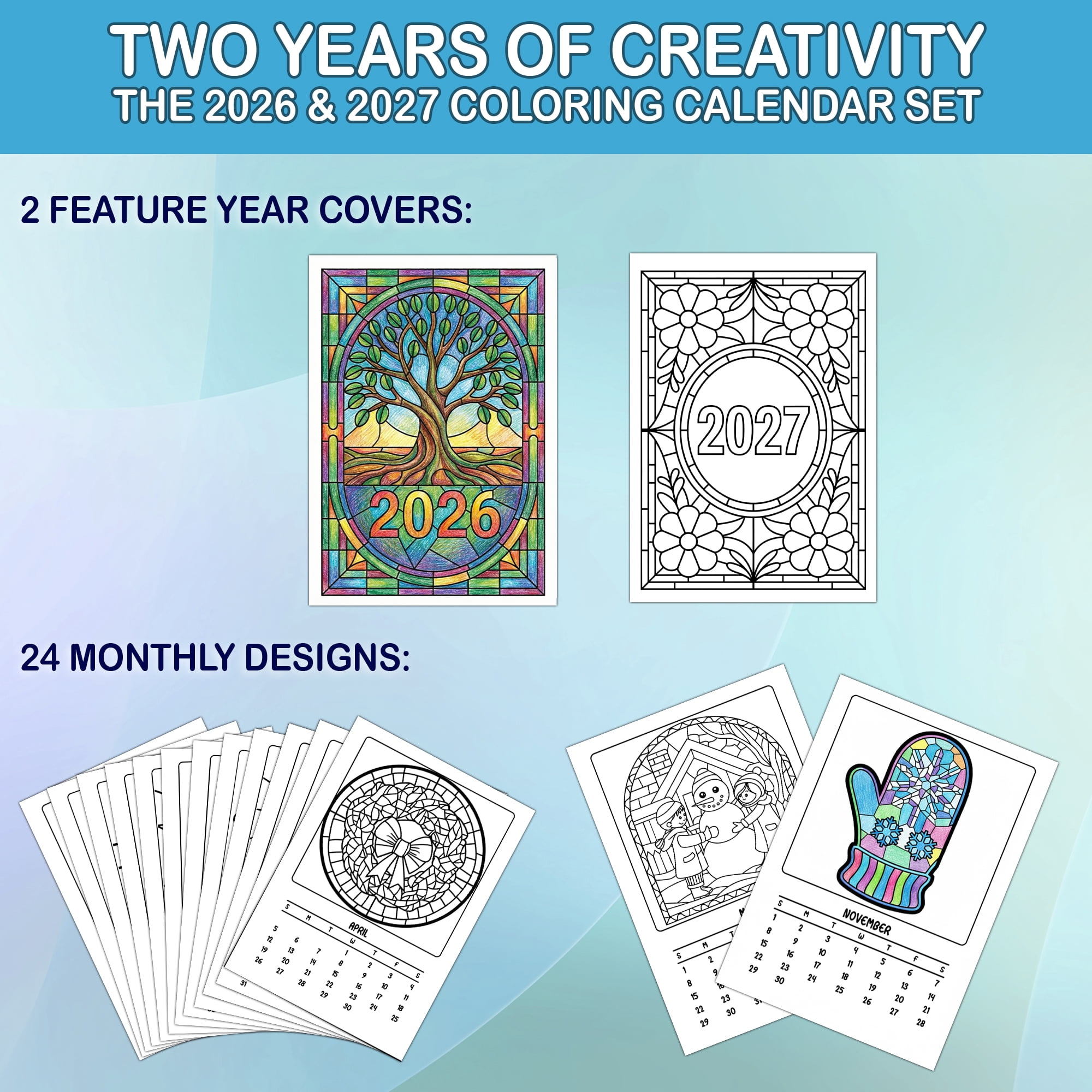 Stained Glass Christmas Coloring Desk Calendar 2026–2027, A5 Wooden Cover Planner with 26 Easy Coloring Pages for Adult Relaxation, 24 Month Desktop Calendar with Stand, Gift for Family & Friends