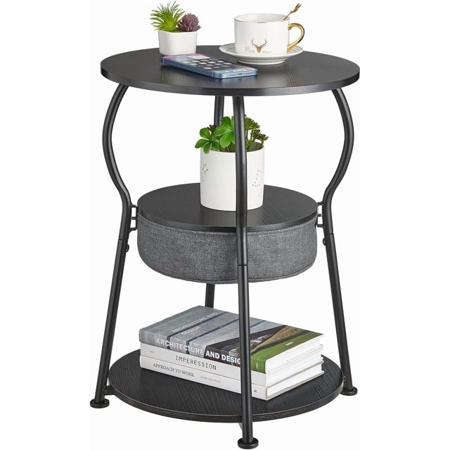Table d'Appoint Ronde avec Sac de Rangement, Table d'Appoint à 3 Niveaux avec Étagères de Rangement pour Salon, 21.6 Pouces H x 15.7 Pouces W Petite Table d'Angle Vintage pour Petits Espaces Table de Chevet Chambre