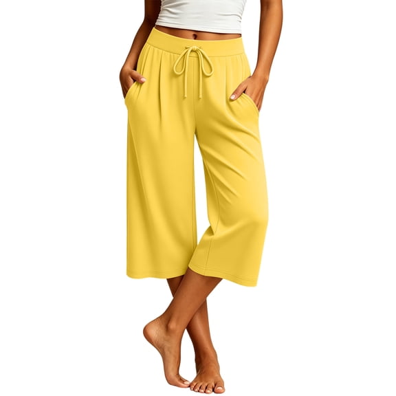 Ltctricy Wide Leg Capri Pants for Women Loose Fit Drawstring Lounge Pants with Pockets Comfy Casual Yoga Pants(Yellow,X-Large)