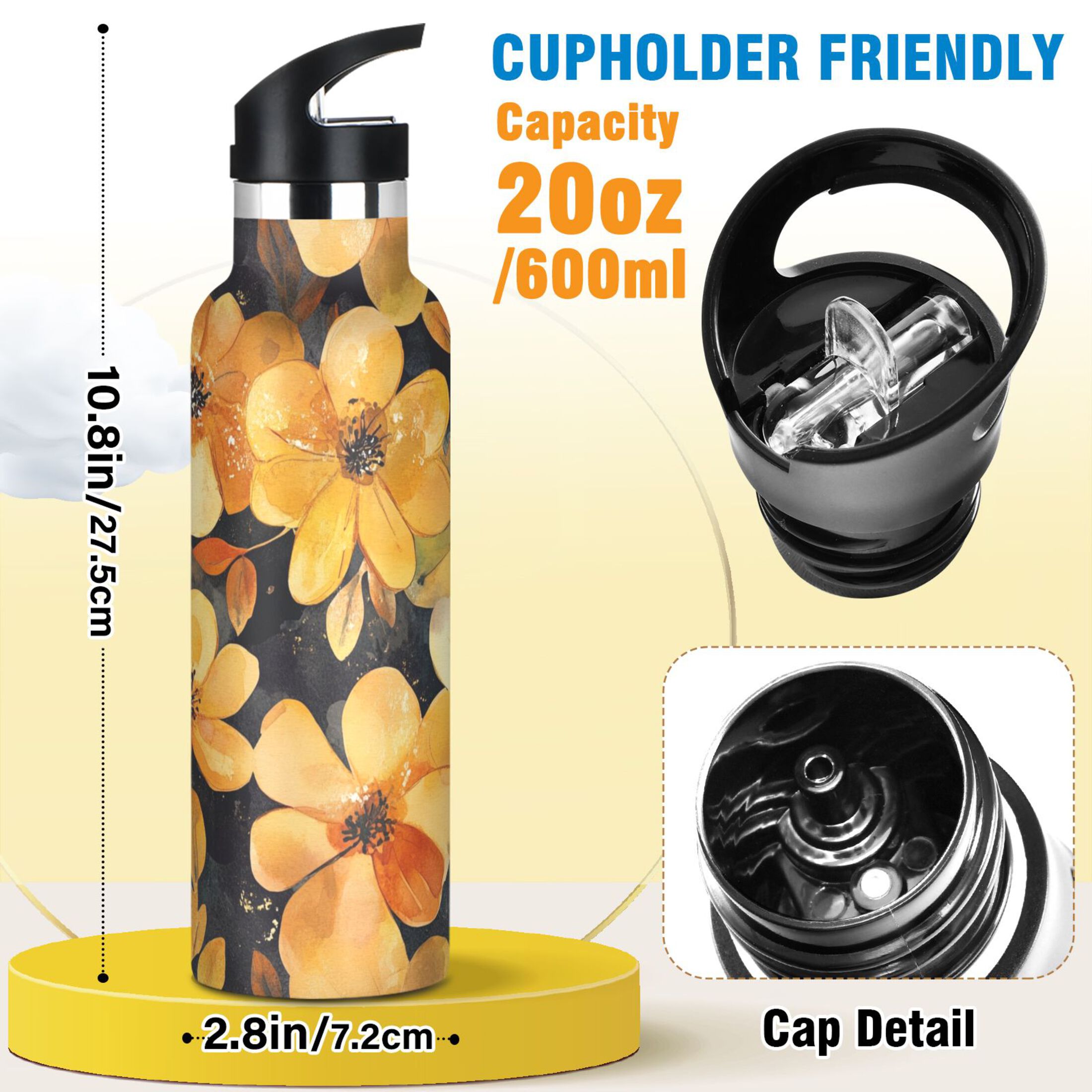 600ML Stainless Steel Insulated Cup Sports Water Bottle Portable Thermos Cup Water Glasses Insulated Tumblers Convenient and Durable Cartoon Gold Flowers