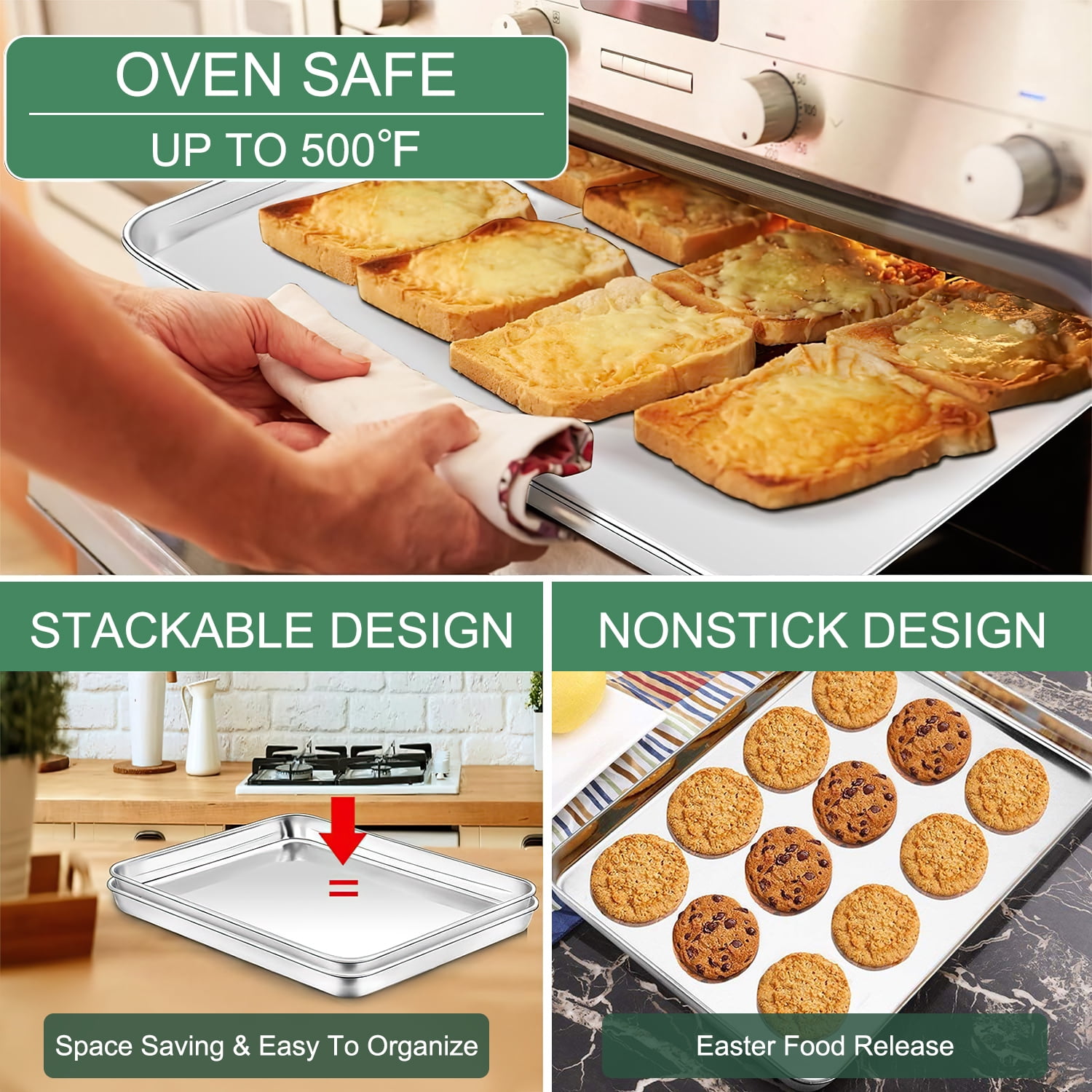 GPED Baking Sheet Pan Set of 3, 16/12/10.5 Inch, Stainless Steel Cookie Tray Pans Set for Oven, Rectangle Baking Tray for Cooking Roasting, Non Toxic & Easy Clean, Dishwasher Safe
