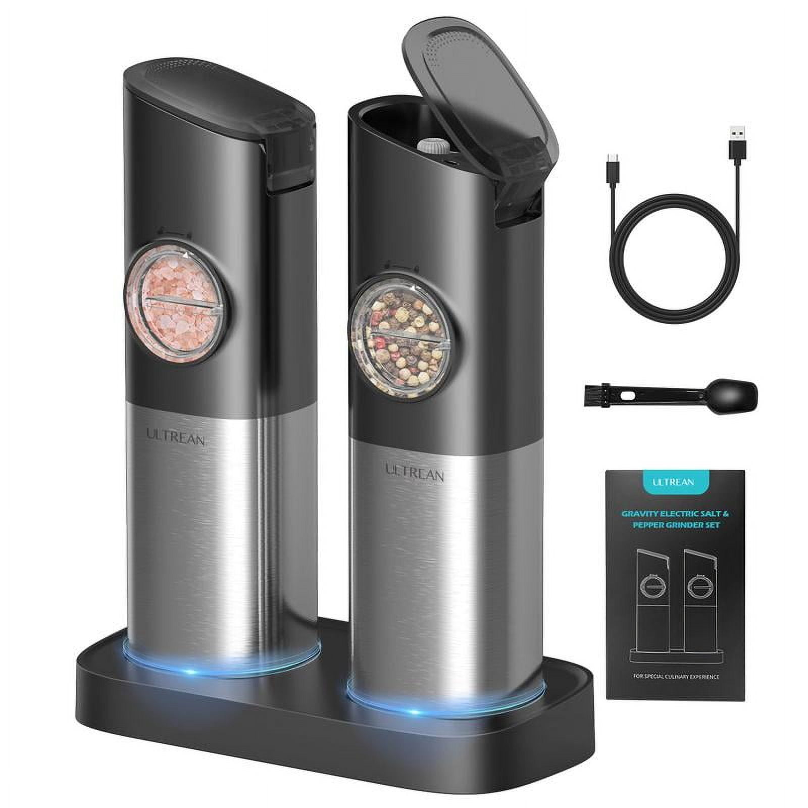 Ultrean Electric Salt & Pepper Grinder Sets, 2pcs Rechargeable, Adjustable, Stainless Steel Construction, Auto Dust Lids, LED one-hand operation