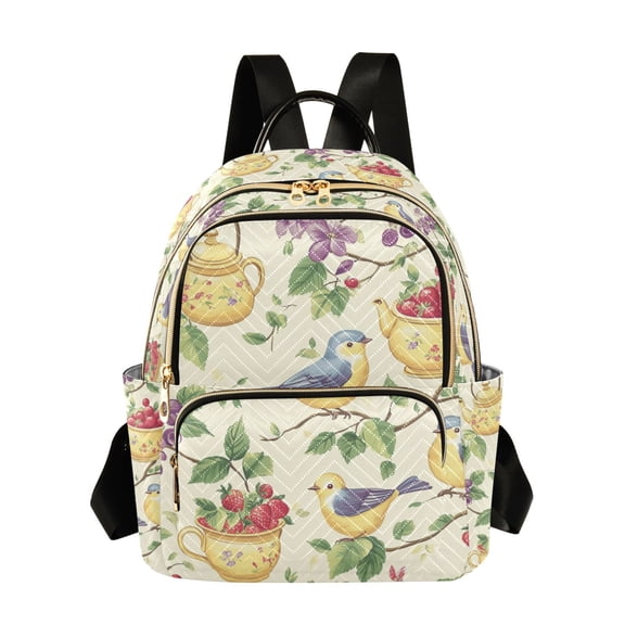 FORMRS Mini Backpack Purse for Women Quilted Travel Daypack Casual Shoulder Bag, Birds with Strawberries