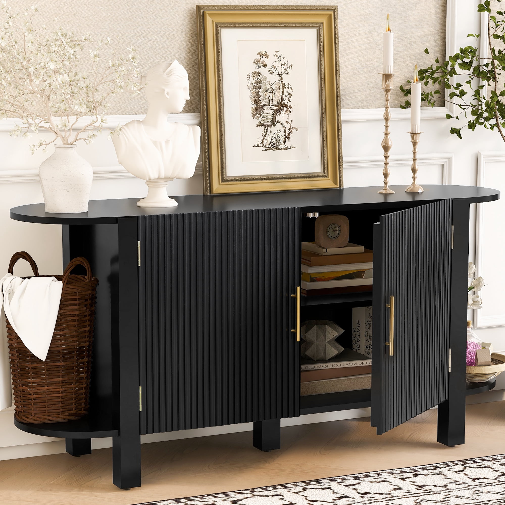Euroco Sideboard Buffet Cabinet with Storage, 59.8" Mid Century Sideboard Cabinet with Double-layer Curved Extension Shelf & Metal Handle,Credenza Coffee Bar for Kitchen Living Room,Black