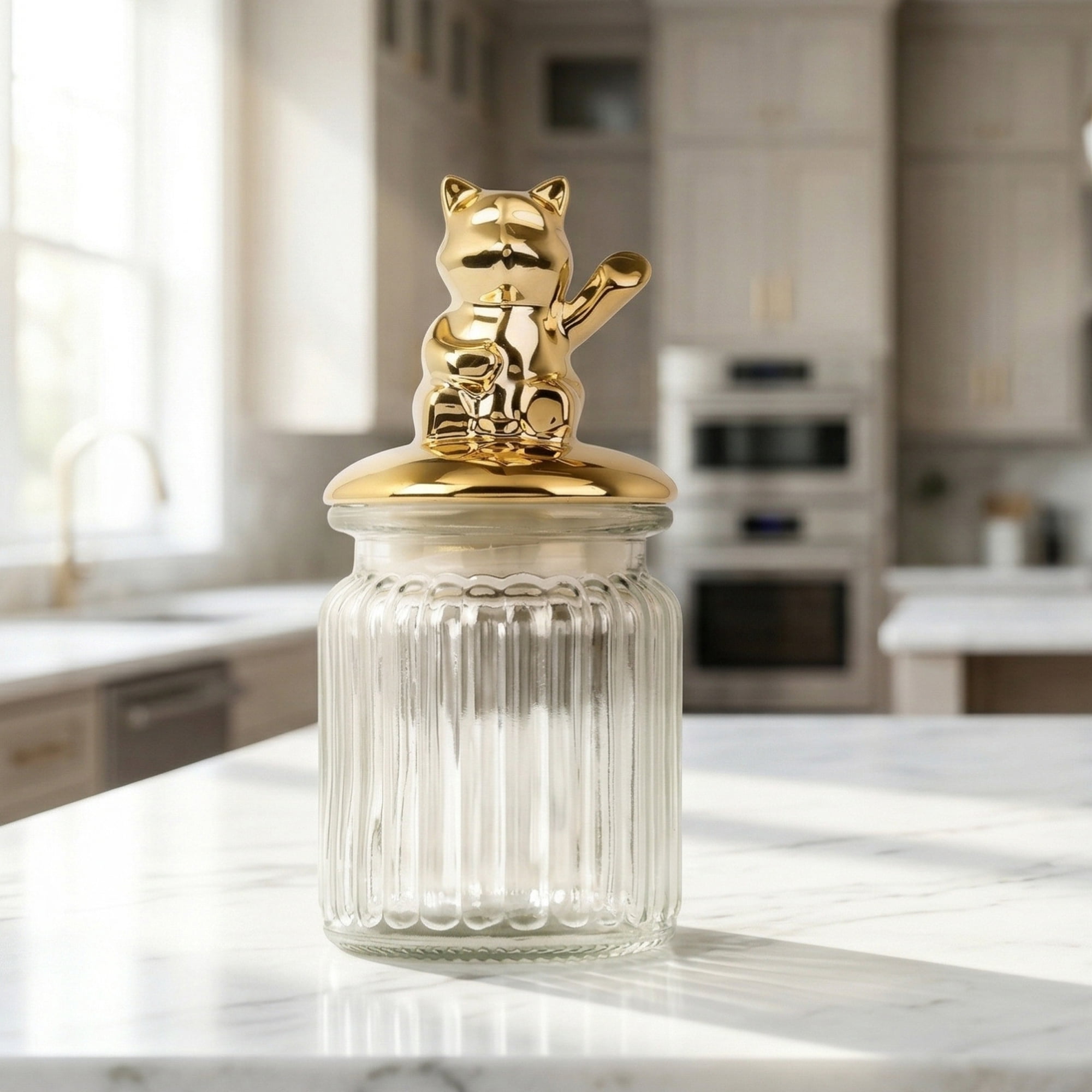 Unique Bargains Decorative Glass Jar With Lid Golden Kitten 3" x 3" x 5.5"