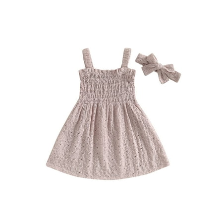 

Baby Girl 2Pcs Summer Outfits Sleeveless Frill Smocked Tank Dress + Headband Set