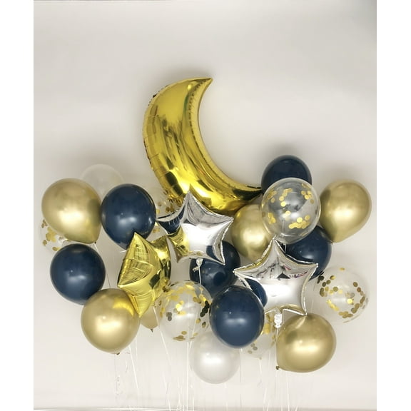 Sweet Moon 24 Piece Moon and Star Balloons Bouquet - Baby Shower, Bridal Shower, Birthday, Eid, Hajj, and Ramadan Party Decoration (Navy Blue)