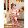 thumbnail image 6 of RUINIXCW Kids Toddler Baby Girl Halloween Silk Stain Pajamas Set Girls Fall Sleepwear Pumpkin Bread Print Lapel V Neck Furry Long Sleeve Button Down Shirt and Pants Set Loungewear Homewear 1-7 Years, 6 of 9