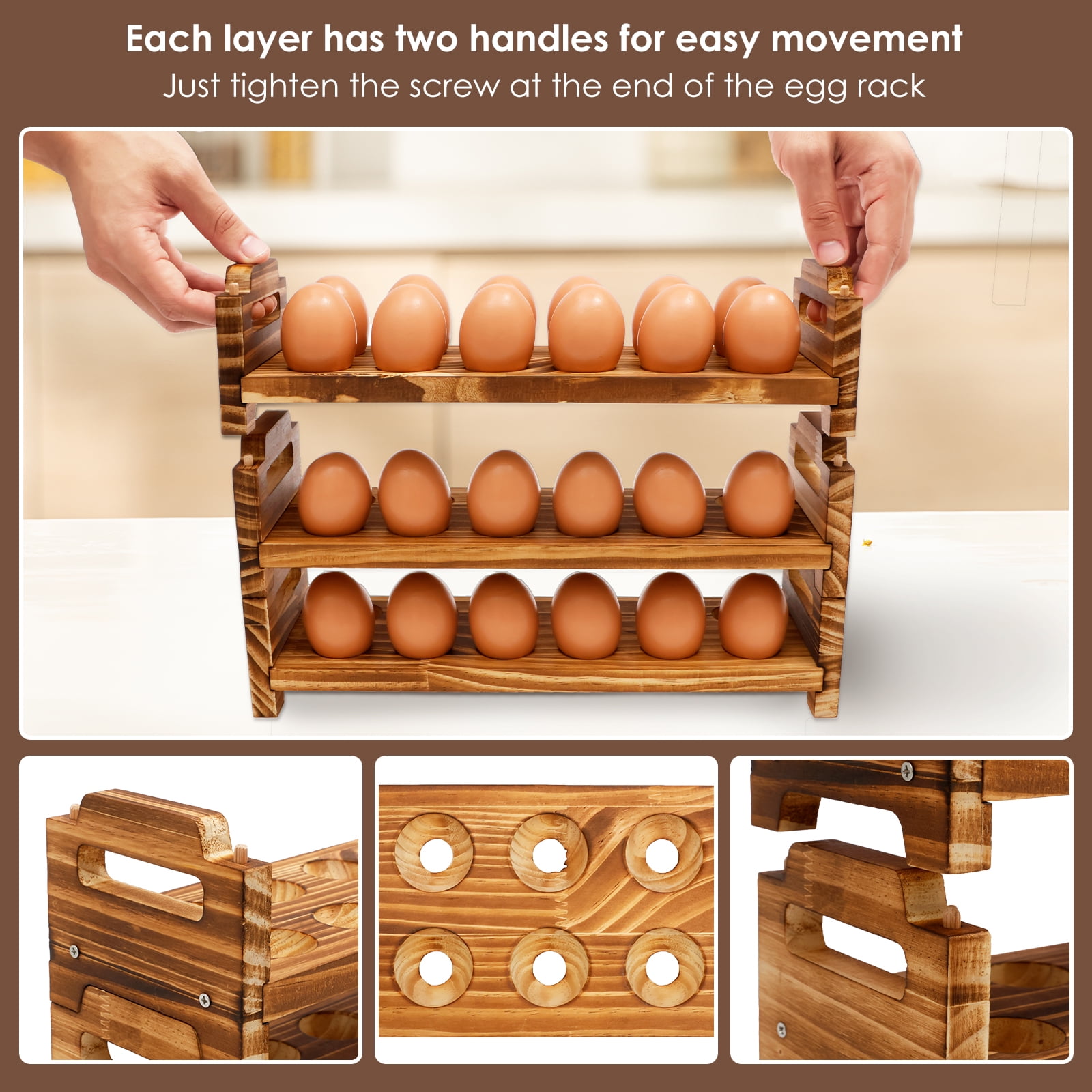Tcwhniev Wooden Egg Holder 3 Tier Solid Stackable Eggs Collecting Rack Holding Up to 36 Fresh Egg for Kitchen Countertop Cabinet Fridge