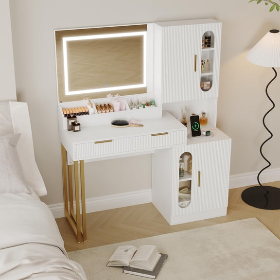 Modern Fluted Vanity Desk with LED Mirror & Touch Light, Makeup Table with Charging Station, Drawers & Storage Cabinets – Makeup Table with Glass Door Cabinet for Bedroom or Dressing Area, White