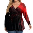 thumbnail image 2 of Fall Halloween Plus Size V Neck Wrap Flowy Graphic Long Sleeve Blouse Tops Red XL, 2 of 6